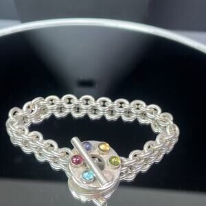 Vintage ZIA DESIGNER Sterling Silver 925 Round Rolo Link Chain Bracelet Stones